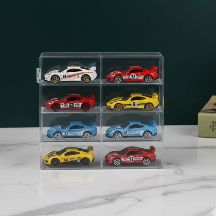 Expositor Organizador em Acrílico para Miniaturas Hot Wheels com 8 Nichos e Tampa Transparente