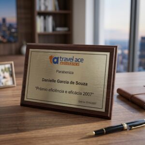 PLACA DE HOMENAGEM Modelo HM 05  - Placa em Aço Escovado colocada em base de madeira