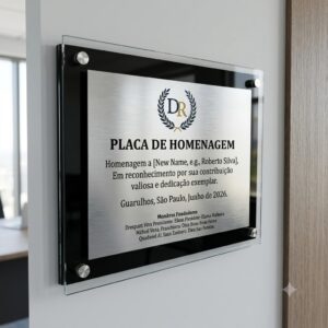 PLACA DE HOMENAGEM Modelo HM 09   - Placa em Aço escovado colocada em base de Acrilico para fixação em parede