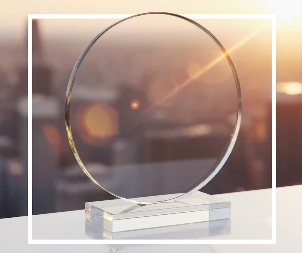 Troféu em Acrilico Modelo Redondo base em material preto  – TF09